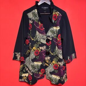Ali Miles 1X Floral Print Button Front Jacket Women's Black Multicolor‎